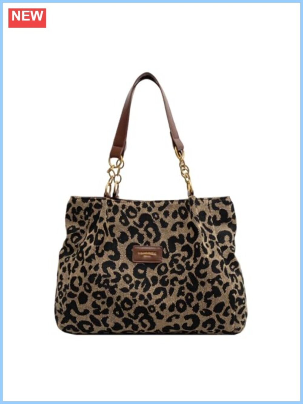 Leopard Cheetah Print Canvas Shoulder Bag Chain Handbag Zip Everyday Tote